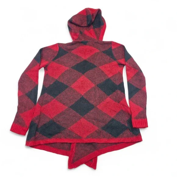 Almost Famous Red Black Buffalo Plaid Hooded Toggle Cardigan Womens Retro - Picture 5 of 9